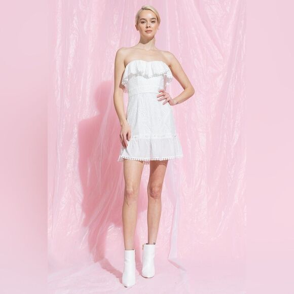 Lena White Lace Ruffles Strapless Mini Dress w/Lace Up Back (Size: Small) - Picture 10 of 16